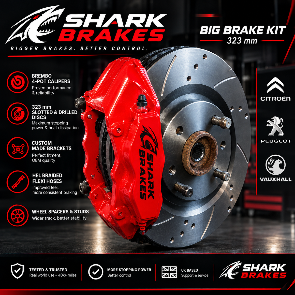 Shark Brakes Front Brembo 4 Pot 323mm Brake Performance Kit – Citroën, Peugeot & Vauxhall
